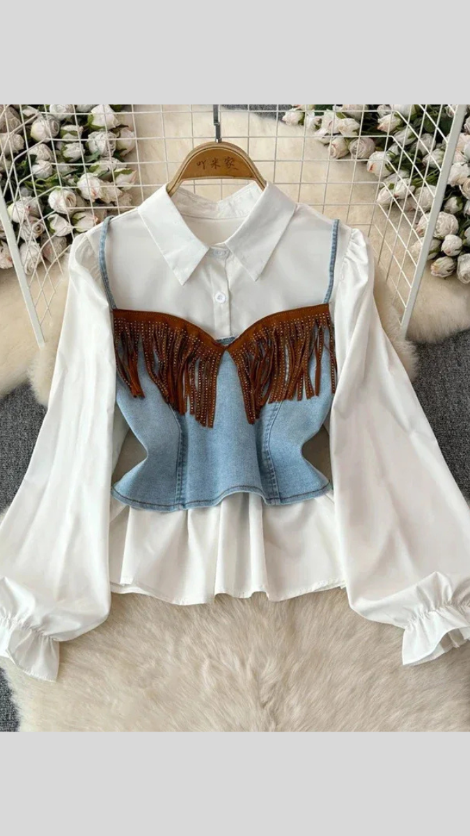 Frill Strap Sleeve Vest With Plain Shirt FC1943