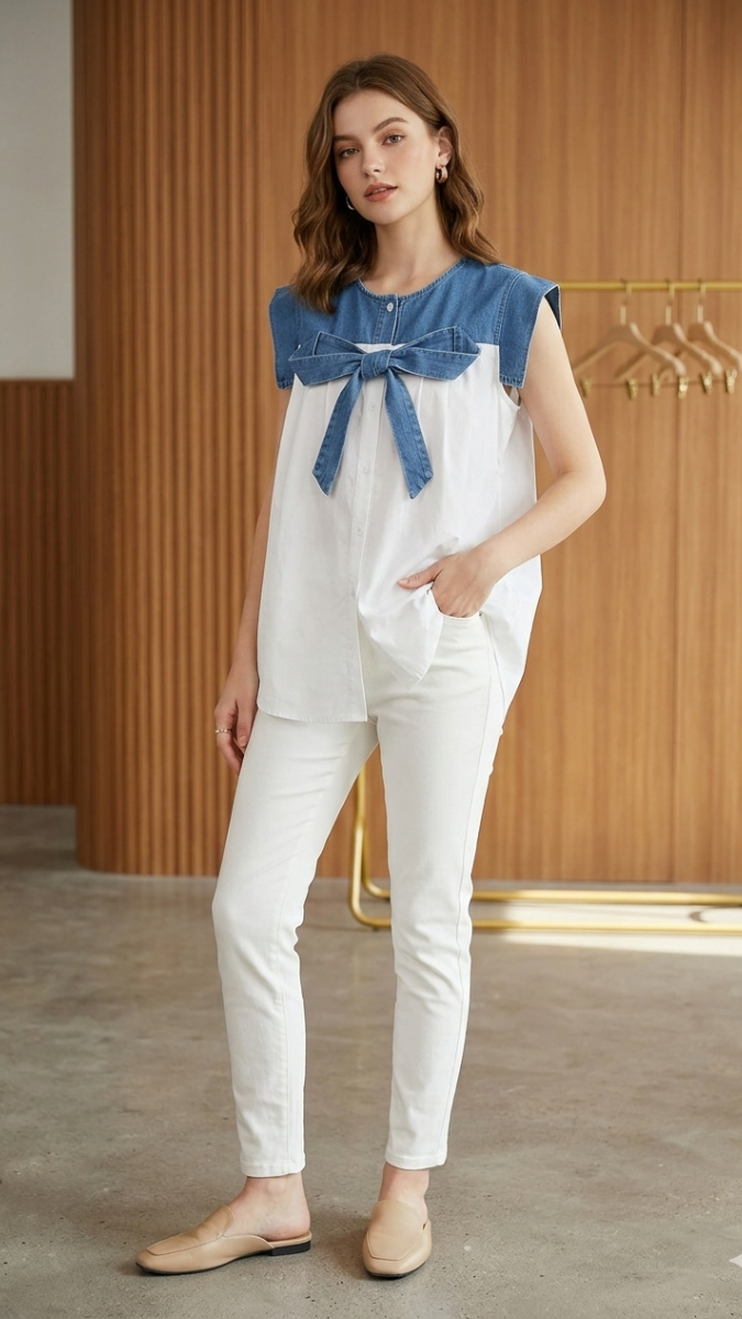Front Bow Designed Denim Top FC2219
