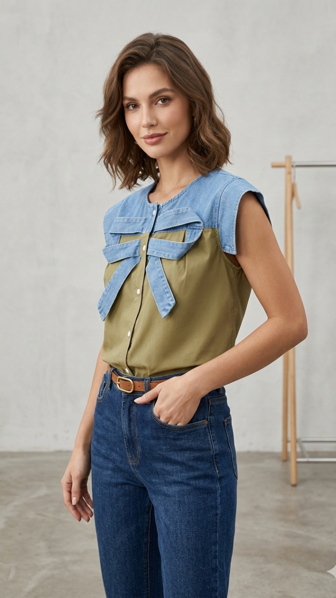 Front Bow Designed Denim Top FC2219