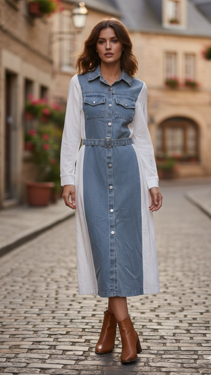 Front Buttoned Belted A- Line Dress FC2183