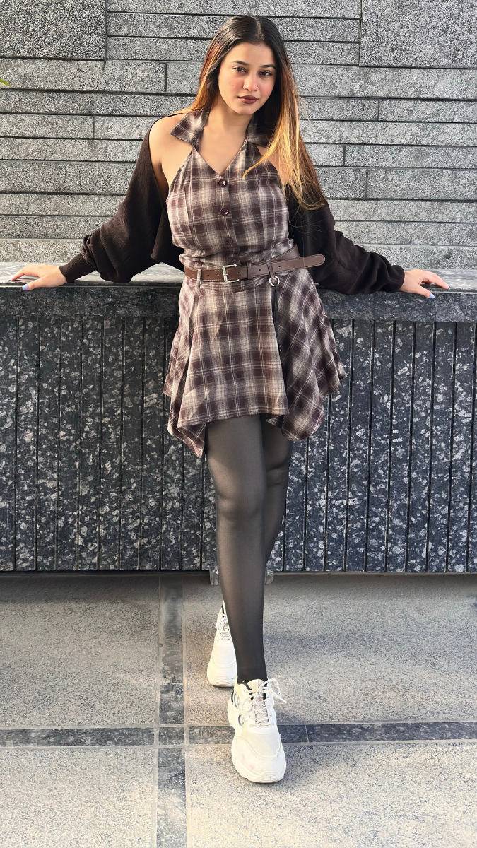 Front Buttoned Checked Dress Whit Stylish Shrug FC2028