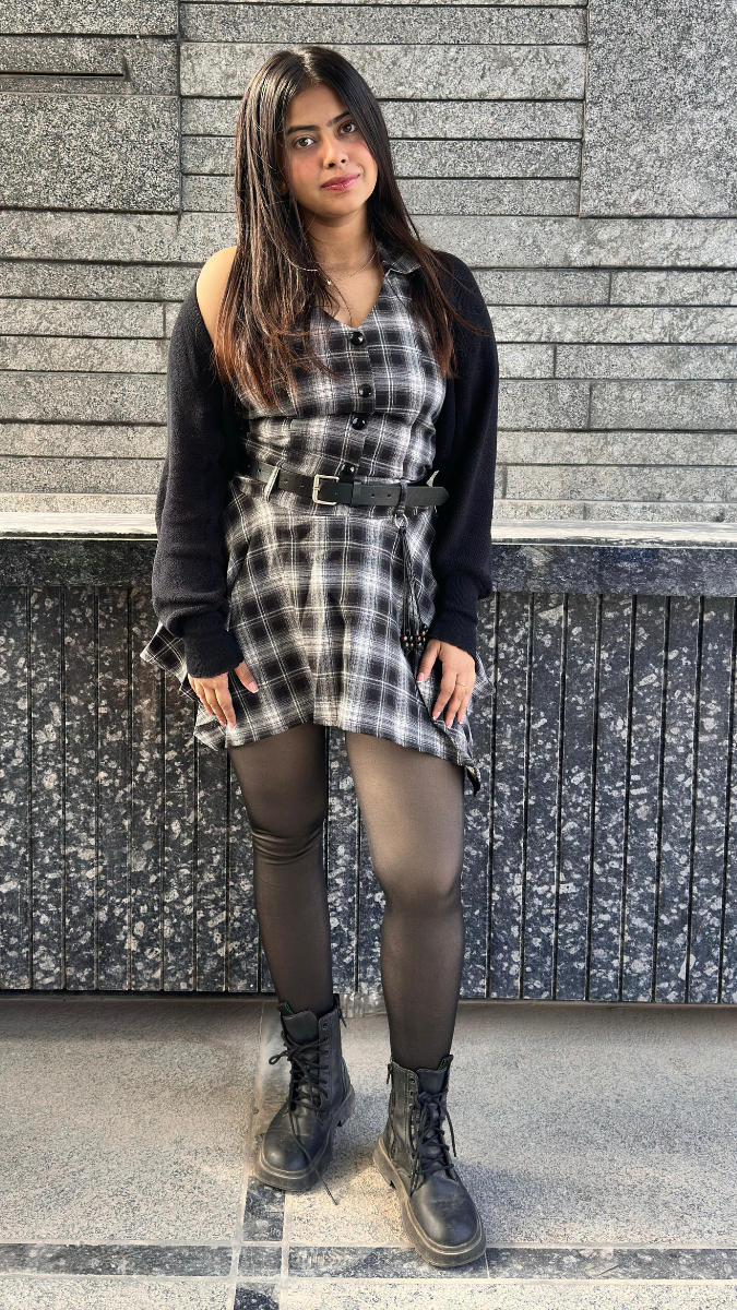 Front Buttoned Checked Dress Whit Stylish Shrug FC2028