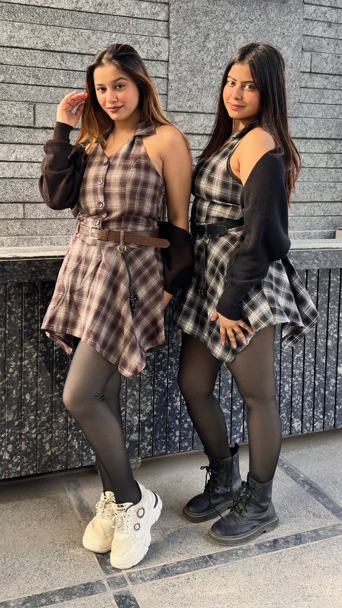 Front Buttoned Checked Dress Whit Stylish Shrug FC2028