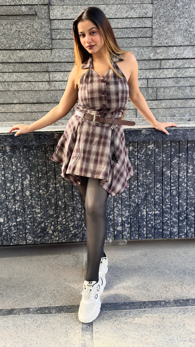 Front Buttoned Checked Dress Whit Stylish Shrug FC2028