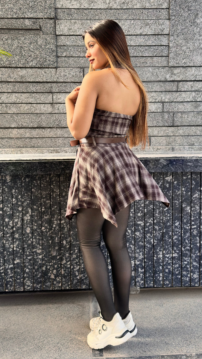 Front Buttoned Checked Dress Whit Stylish Shrug FC2028