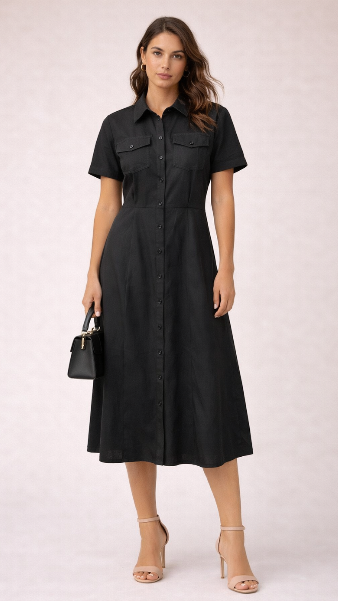 Front Pocket And Button A- Line Midi Dress FC2274