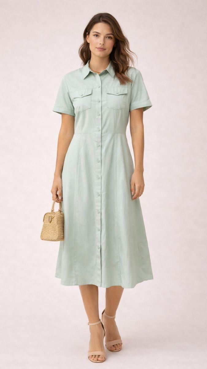 Front Pocket And Button A- Line Midi Dress FC2274