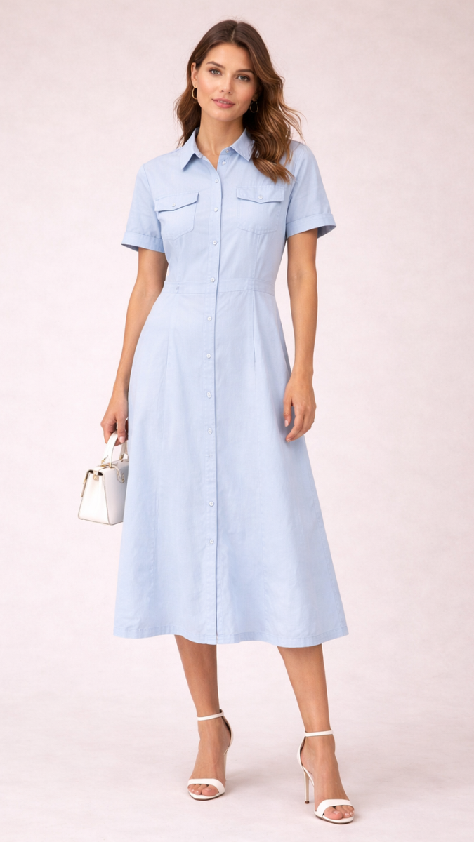 Front Pocket And Button A- Line Midi Dress FC2274