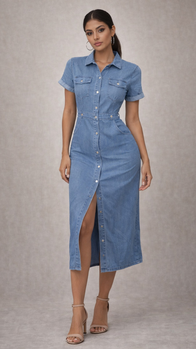 Front Slit A- Line Denim Midi Dress FC2257