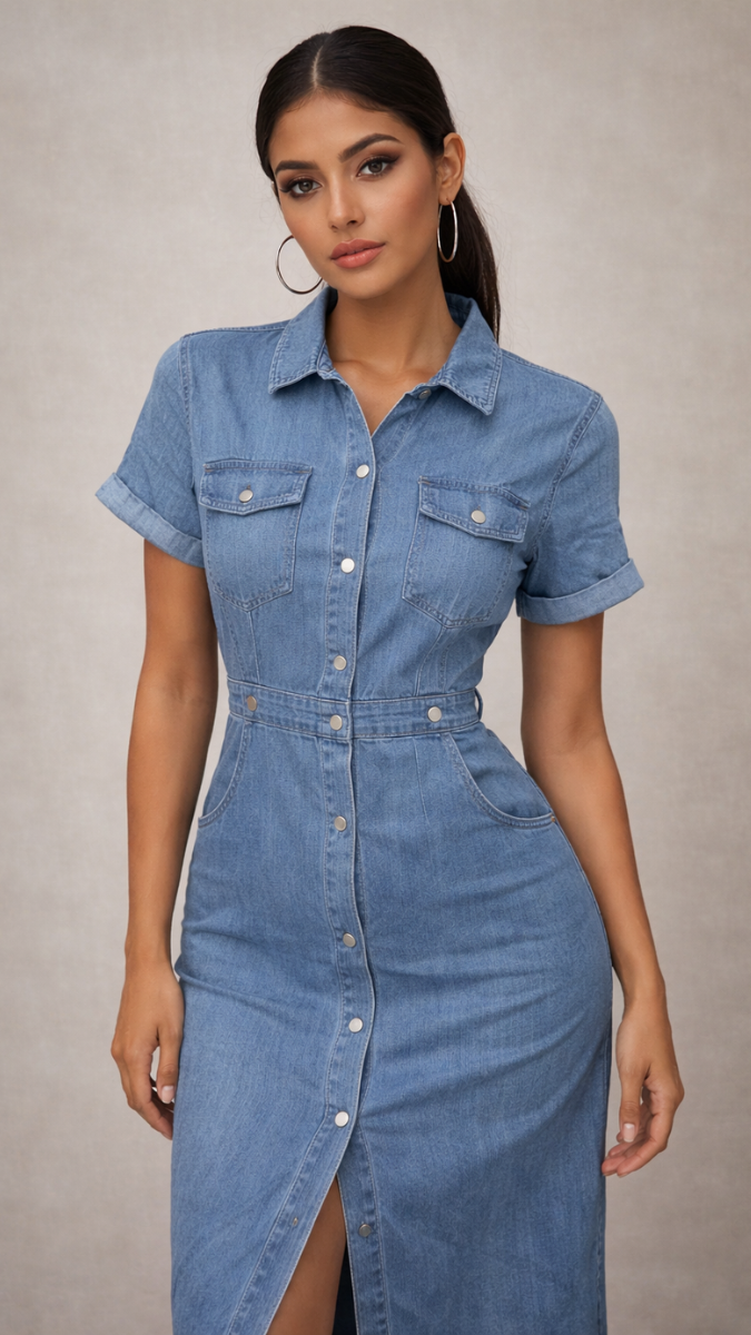 Front Slit A- Line Denim Midi Dress FC2257