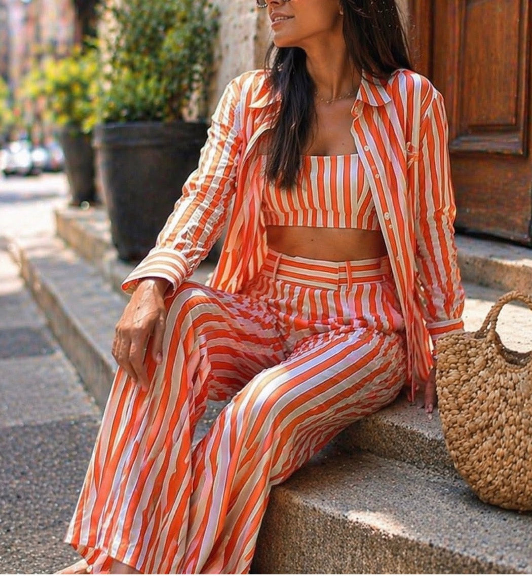 White Lined Shirt And Pant 3Pc Coord Set FC2479