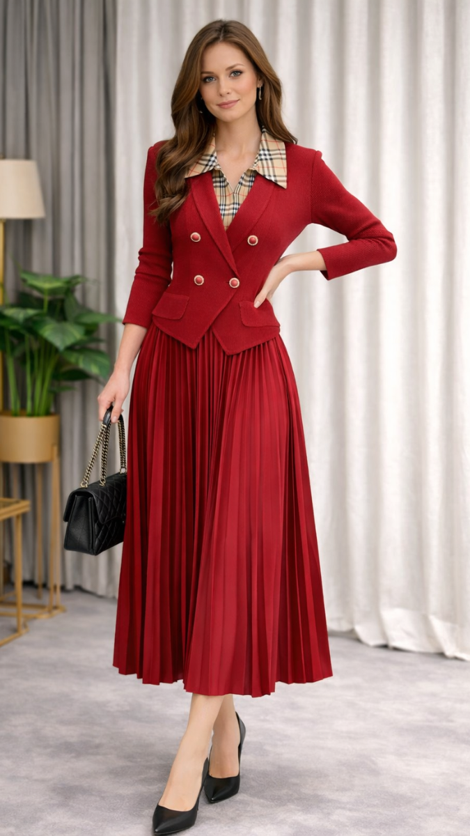 Full Sleeve Vest With Pleaded Skirt Set FC2371
