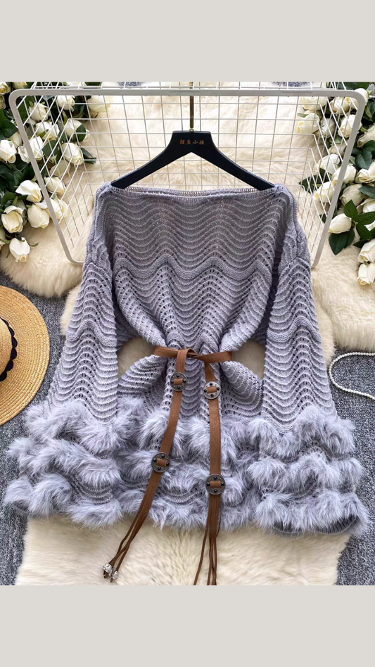 Fur Borderline Boat Neck Mini Dress With Belt FC2066