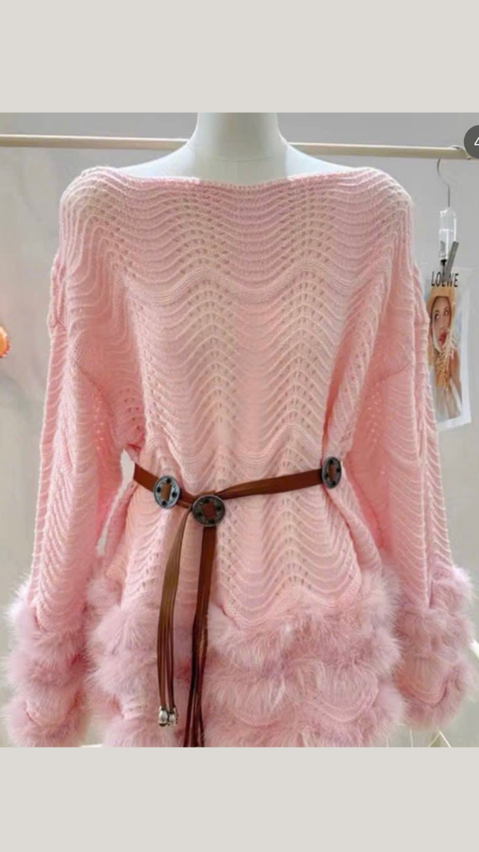 Fur Borderline Boat Neck Mini Dress With Belt FC2066