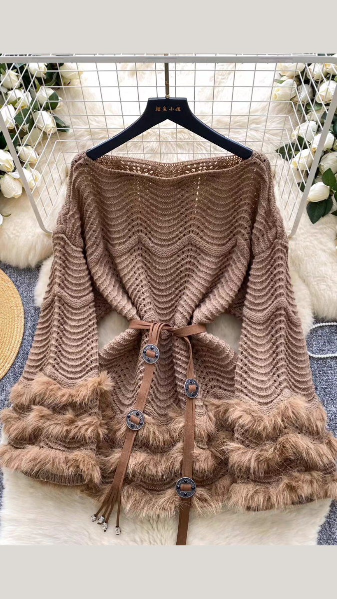 Fur Borderline Boat Neck Mini Dress With Belt FC2066