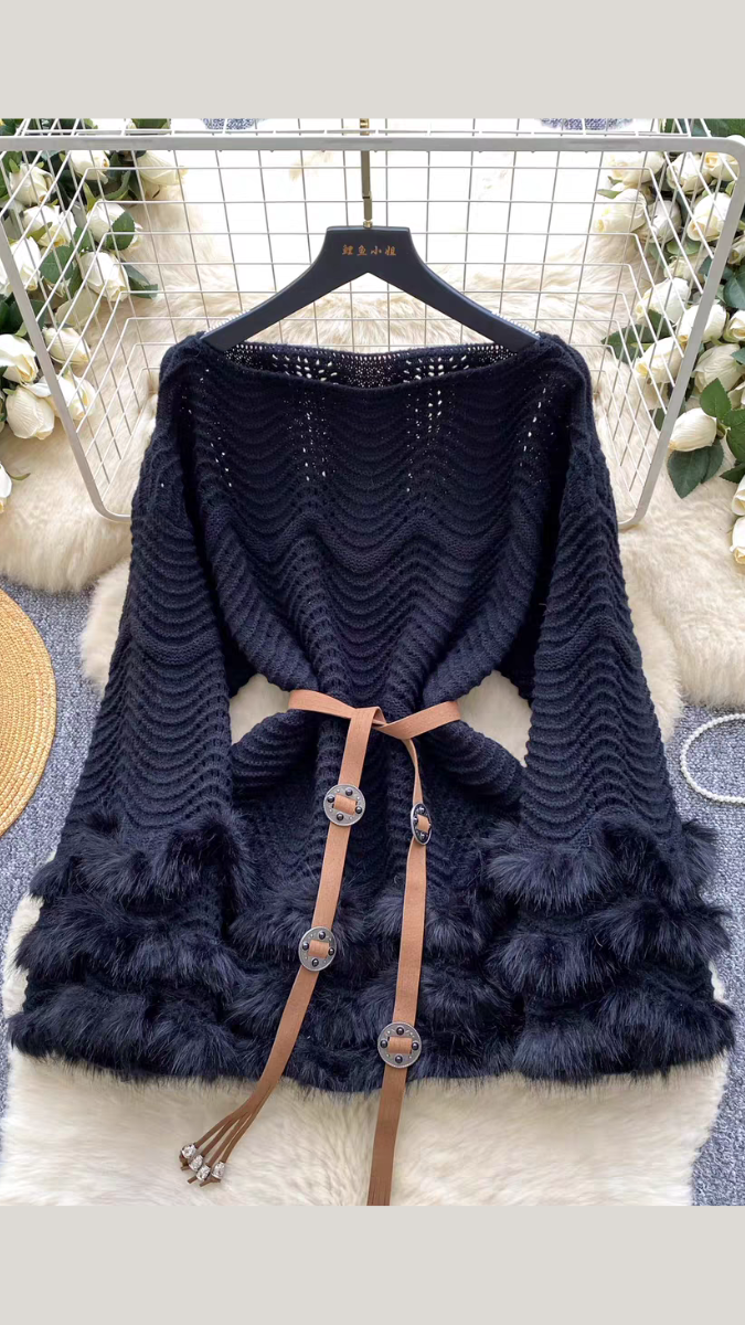 Fur Borderline Boat Neck Mini Dress With Belt FC2066