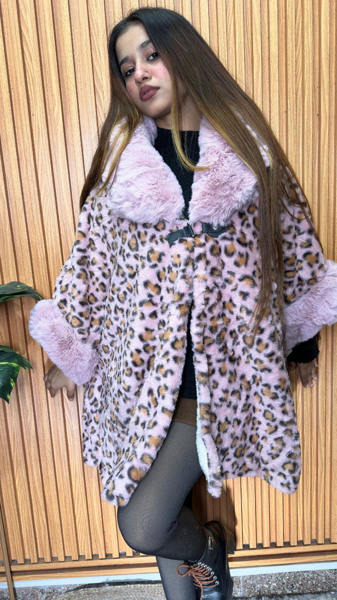 Fur Collared Leopard Print Cape FC2100