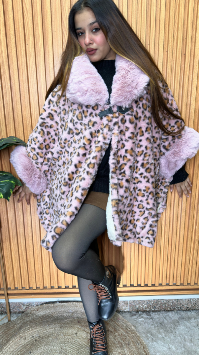 Fur Collared Leopard Print Cape FC2100