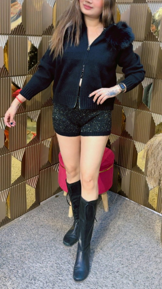 Fur Neckline Chained Front Woolen Top FC2001