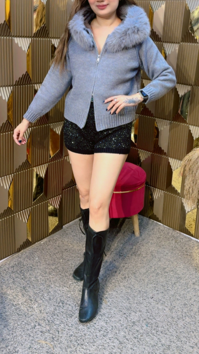 Fur Neckline Chained Front Woolen Top FC2001