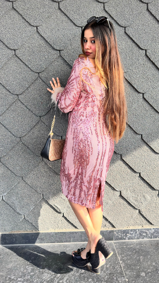 Fur Sleeve line Sequence Bodycon Dress FC2046