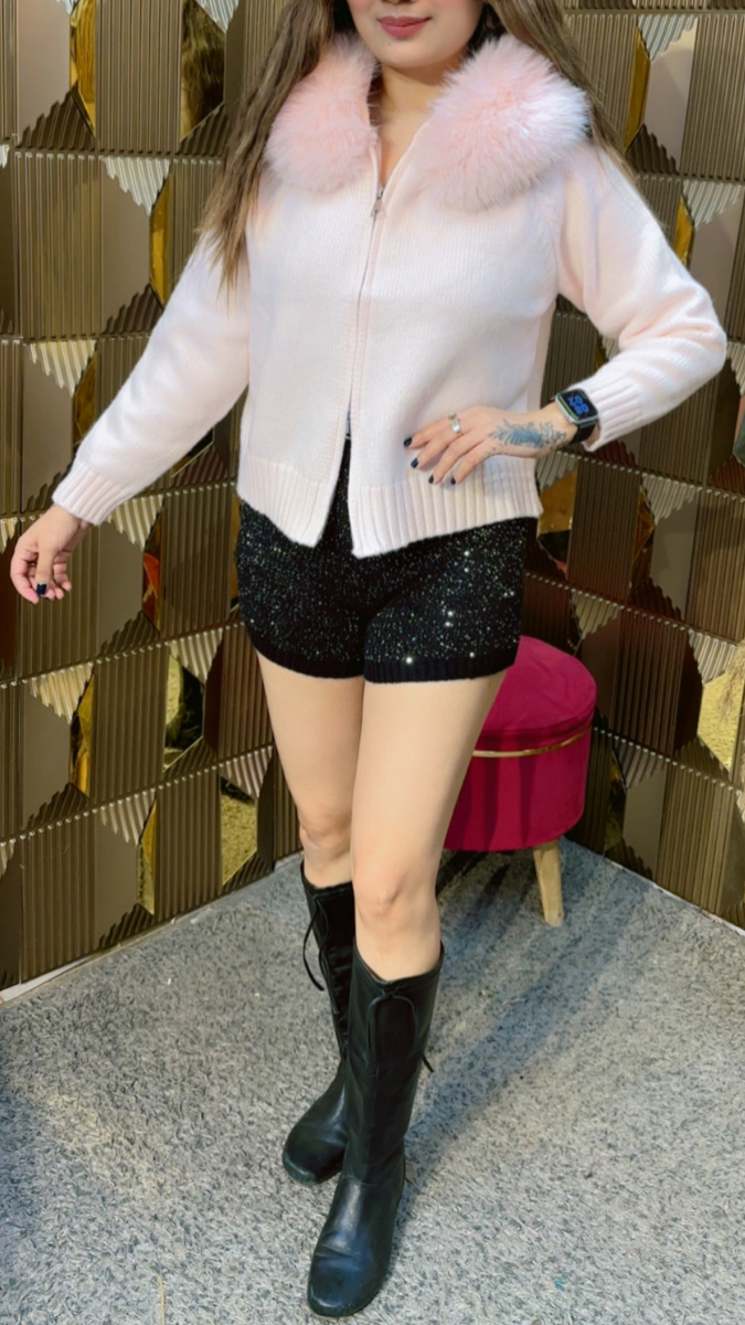 Fur Neckline Chained Front Woolen Top FC2001