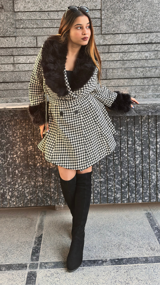 Furr Neckline And Sleeve With Small Check Coat FC2027