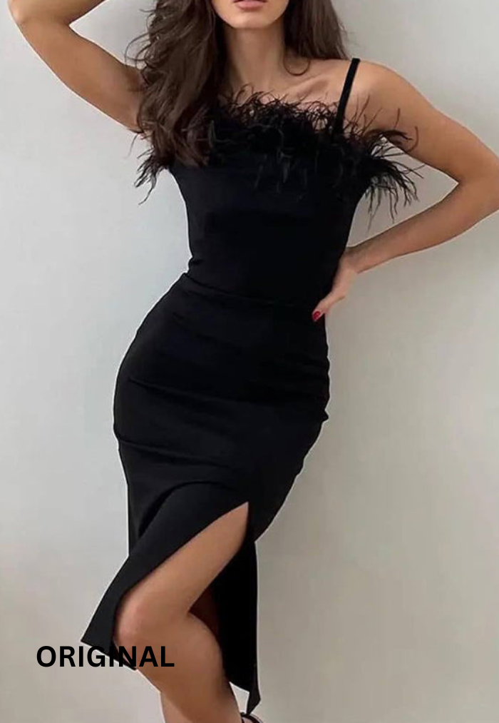 Furr Neckline Slit Dress