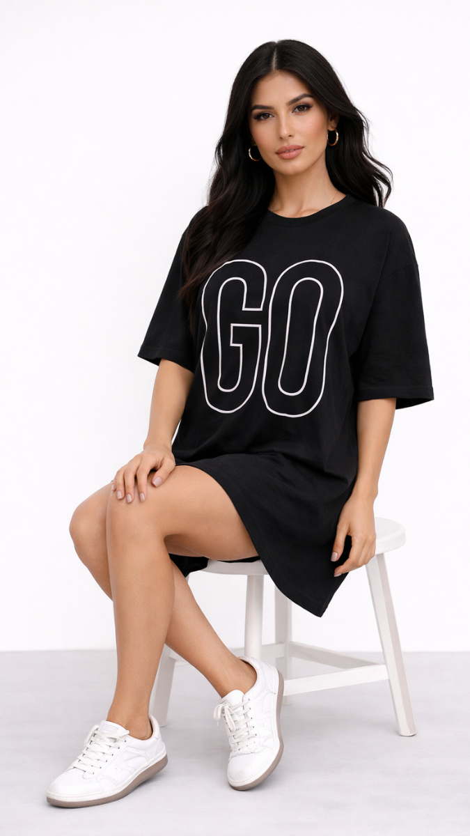 "GO" Embroidery Half Sleeve Loose T-shirt Dress FC2333