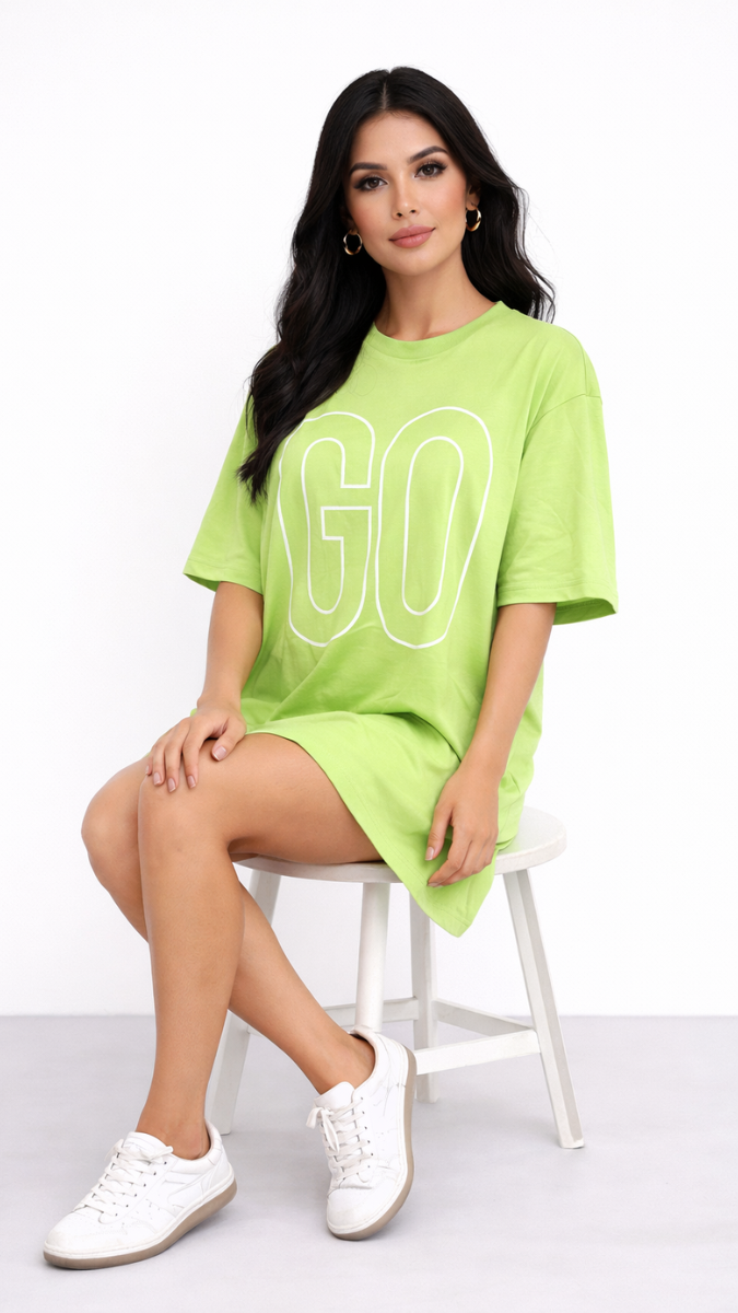 "GO" Embroidery Half Sleeve Loose T-shirt Dress FC2333