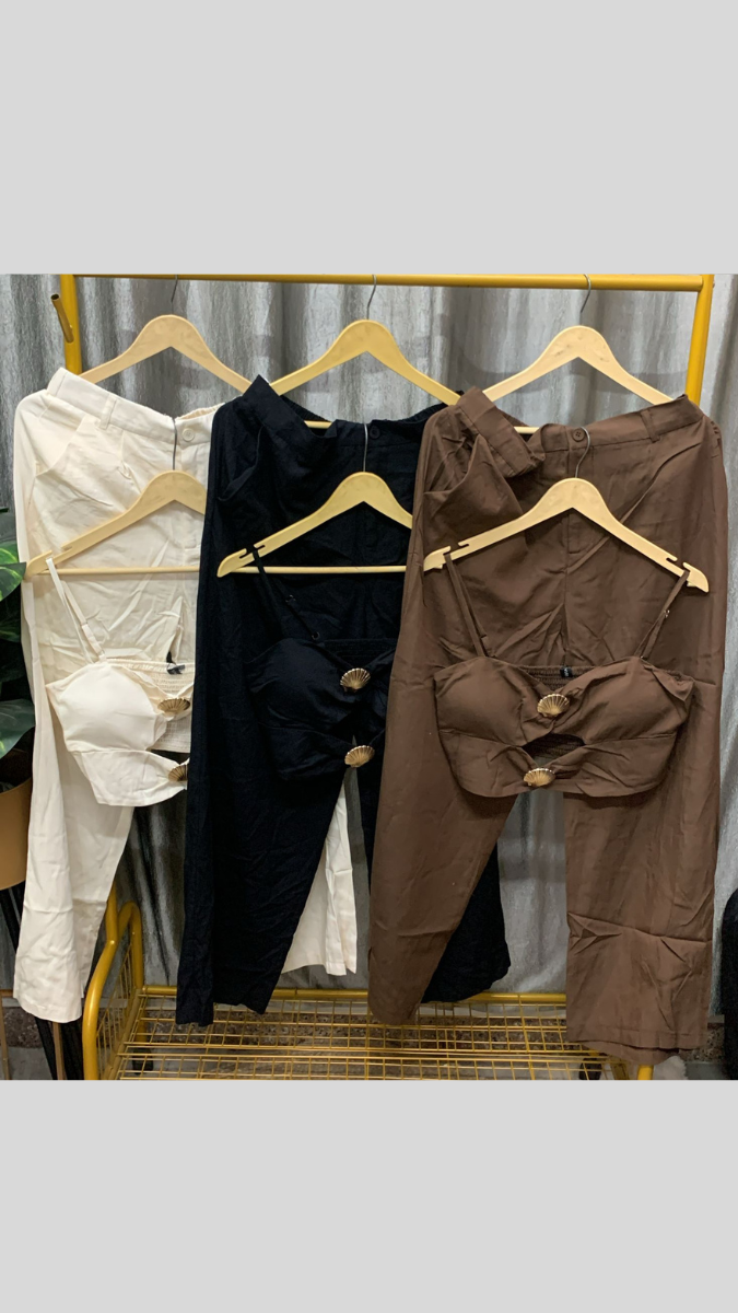 Gold Button Embedded Strap Sleeve Top And Pant Coord Set FC2286