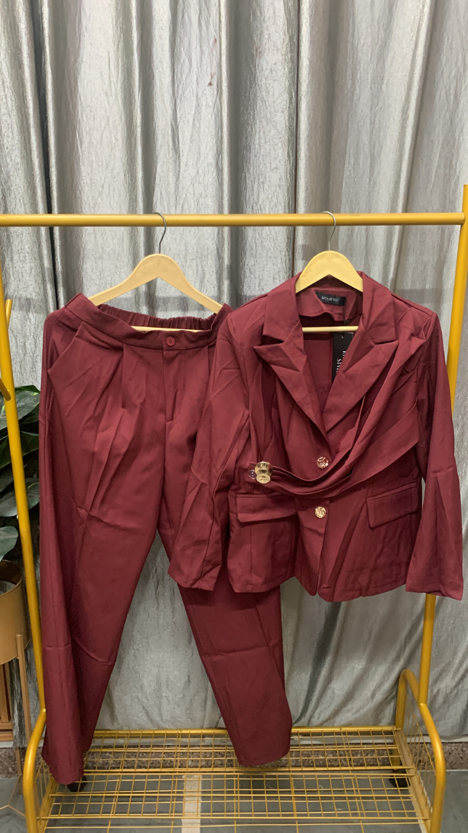 Golden Button Wrap Coat And Pant With Pockets Coord Set FC2554