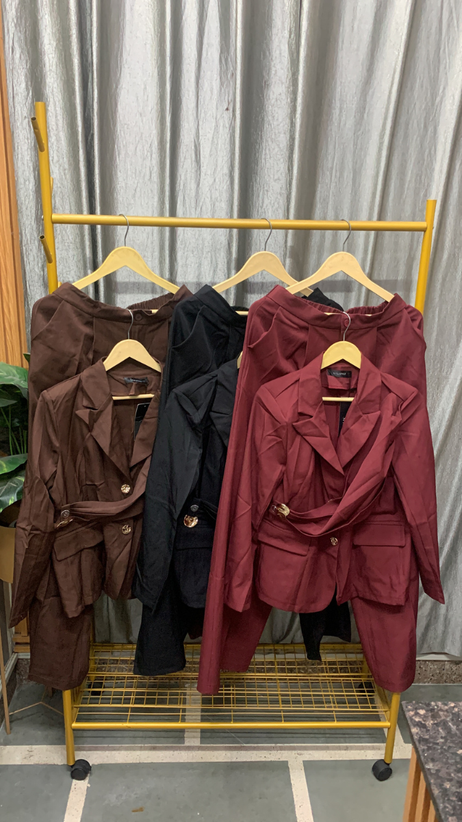 Golden Button Wrap Coat And Pant With Pockets Coord Set FC2554
