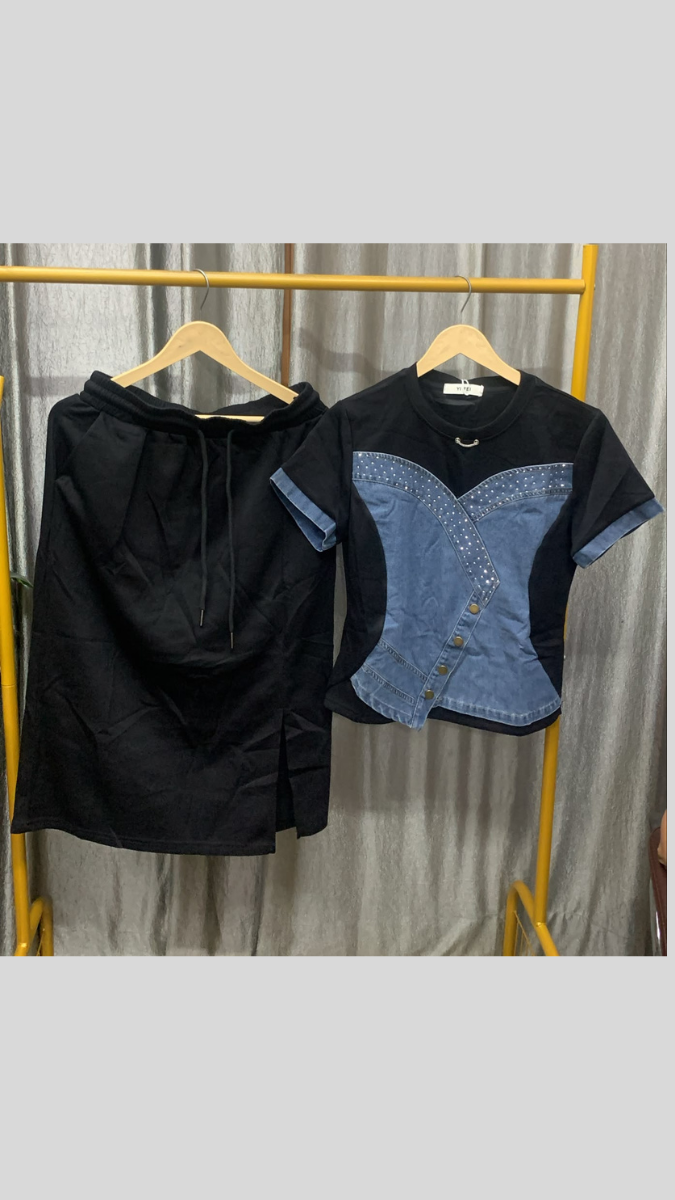 Half Denim And Lycra Top With A- Line Skirt FC2605
