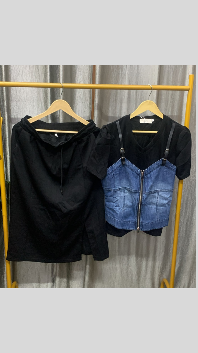 Half Denim And Lycra Top With A- Line Skirt FC2605