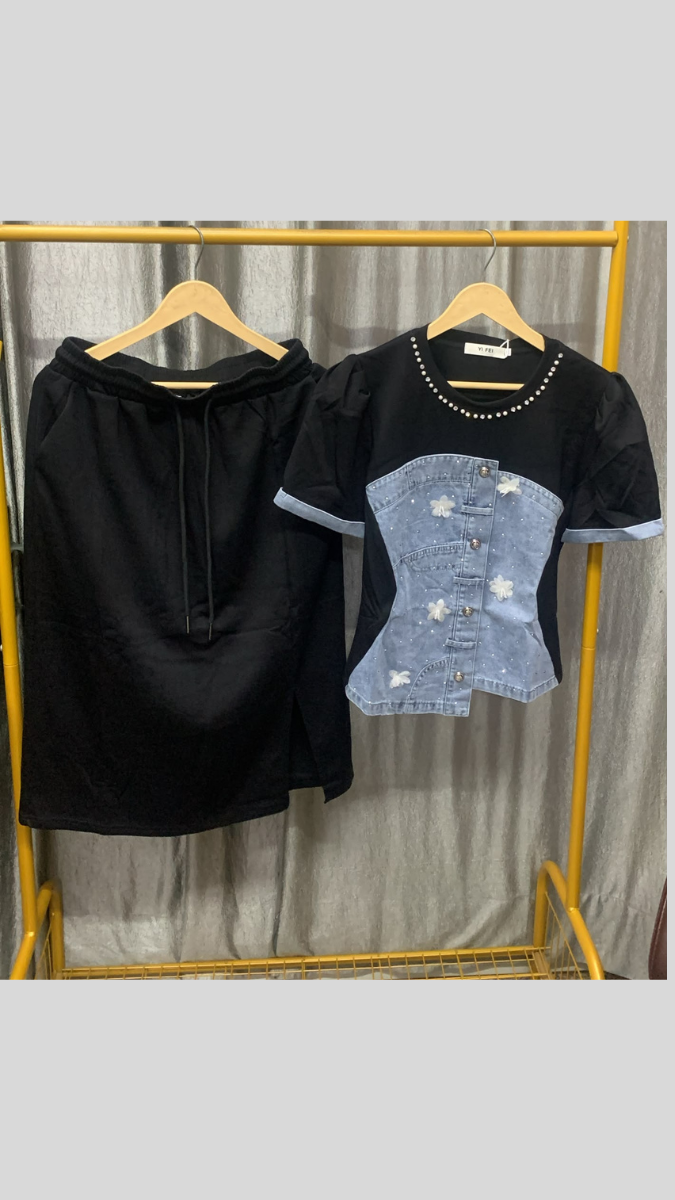 Half Denim And Lycra Top With A- Line Skirt FC2605