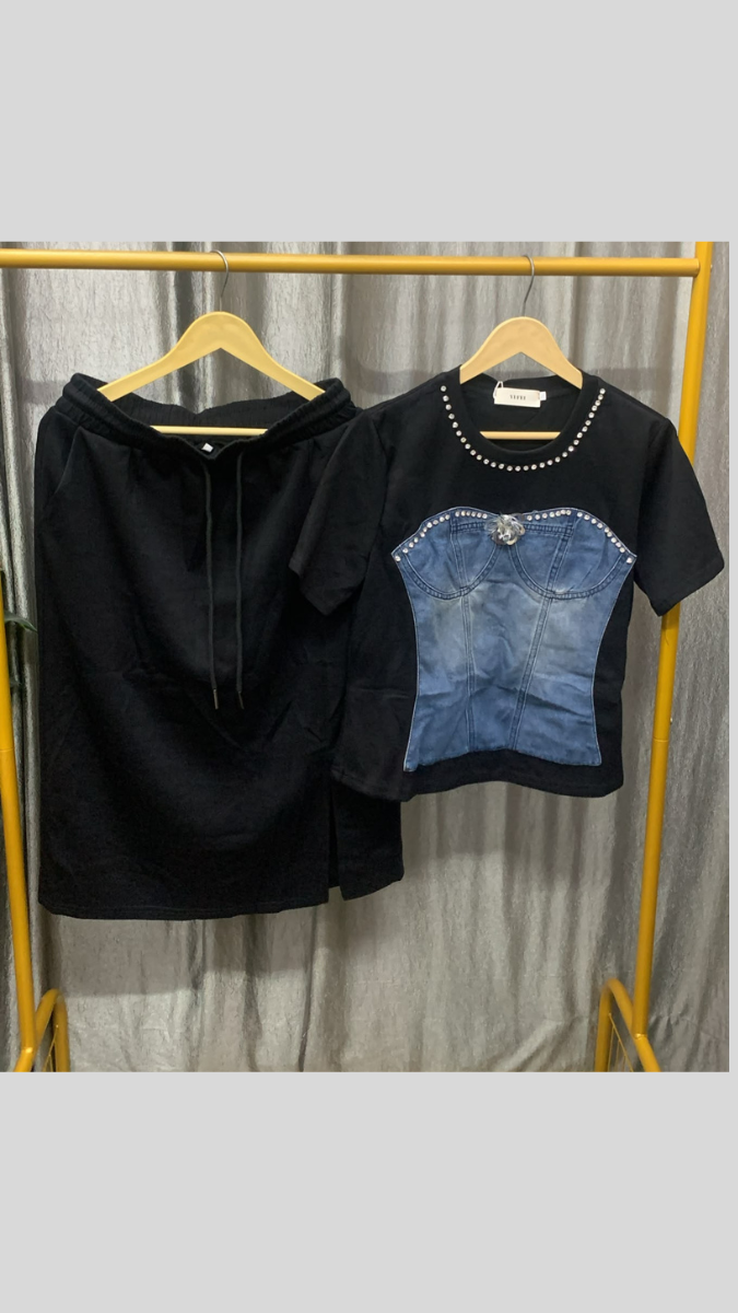 Half Denim And Lycra Top With A- Line Skirt FC2605