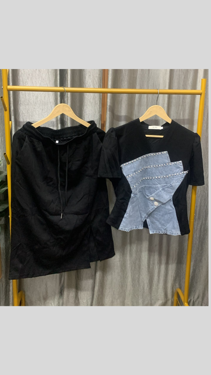 Half Denim And Lycra Top With A- Line Skirt FC2605