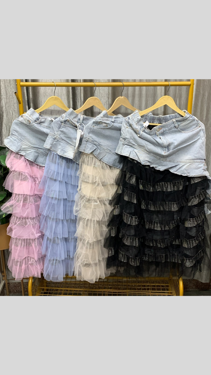 Half Denim Half Glittering Ruffle Skirt FC2587