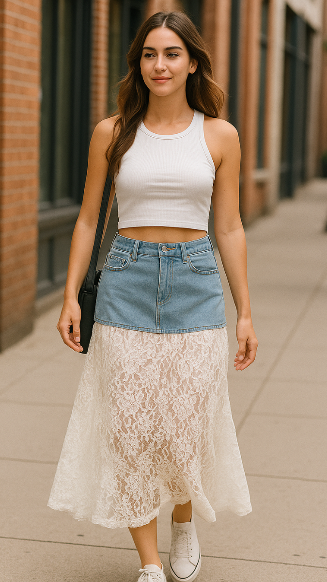 Half Denim Half Lace Midi Dress FC1799