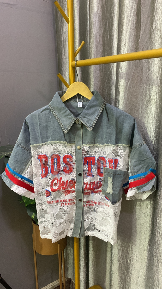 Half Denim Half Net Shirt FC2161
