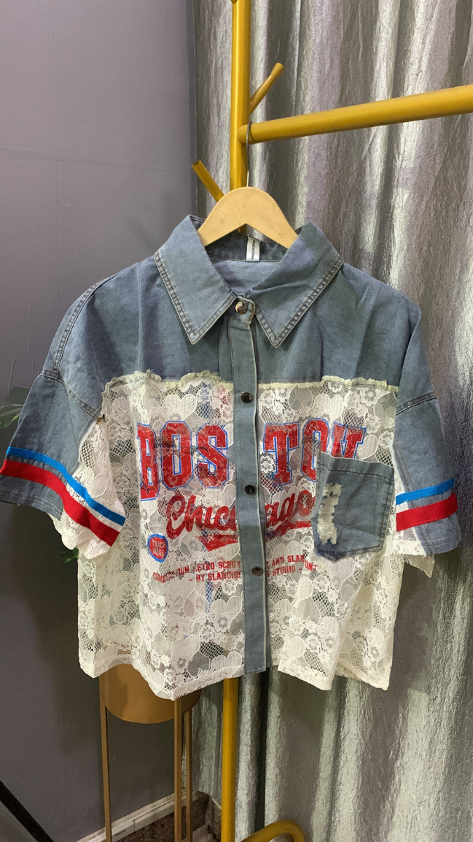 Half Denim Half Net Shirt FC2161