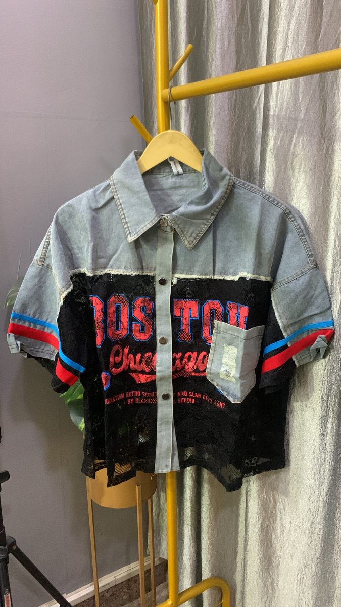 Half Denim Half Net Shirt FC2161