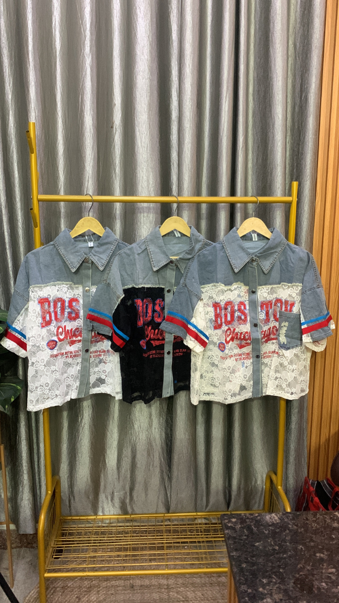 Half Denim Half Net Shirt FC2161