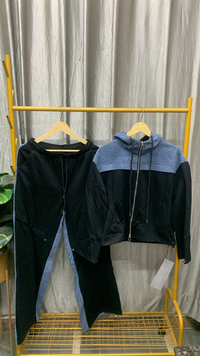 Half Denim Hoodie And Pant Coord Set FC2599