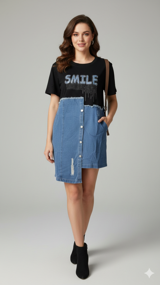 Half Denim Rhinestone Designed Mini Dress FC2175