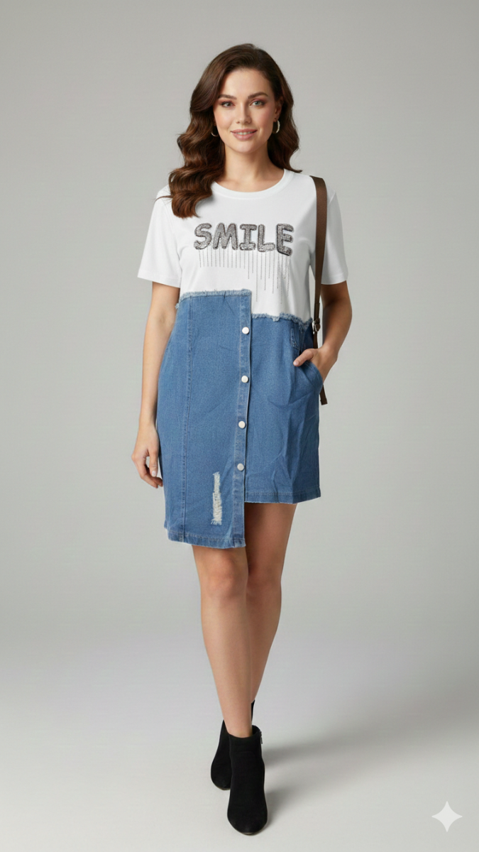 Half Denim Rhinestone Designed Mini Dress FC2175