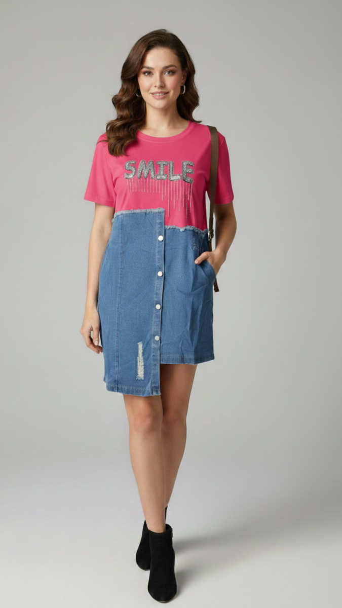 Half Denim Rhinestone Designed Mini Dress FC2175