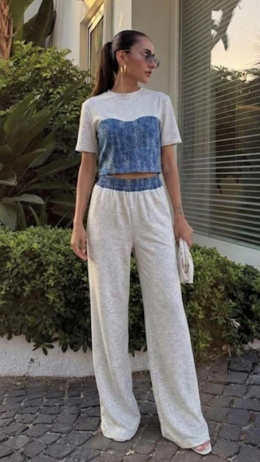 Half Denim Top With Denim Waistline Pant Coord Set FC2469