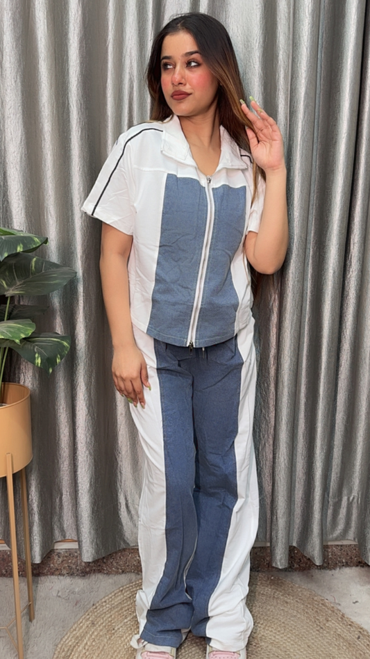 Half Sleeve Front Chained Collared Shirt With Pant Coord Set FC2138